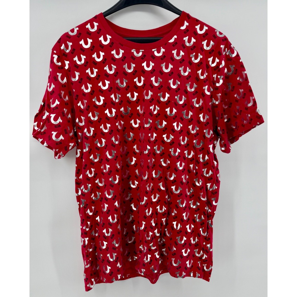 True Religion Mens Red Silver Metallic Horseshoe Logo All Over Print T-Shirt L‎ - Picture 2 of 4